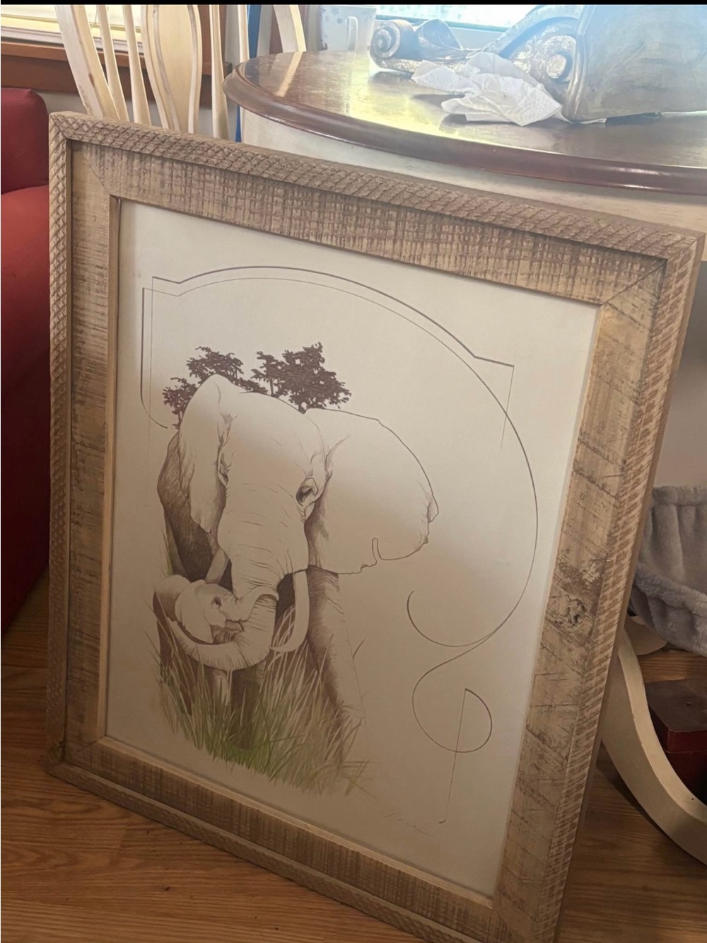 Wood Frame Elephant Art Print - Neutral Tones